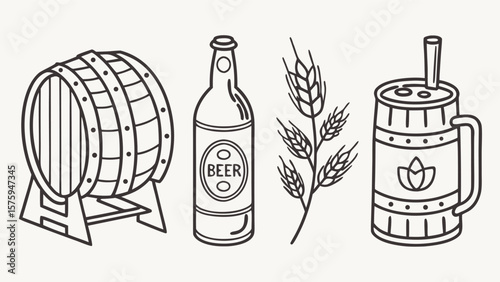 Monoline Icon Pack of Traditional Global Beer Vessels Featuring Beer Mugs, Steins, Tankards, Glasses, and Pints in Minimalist Black and White Vector Style

