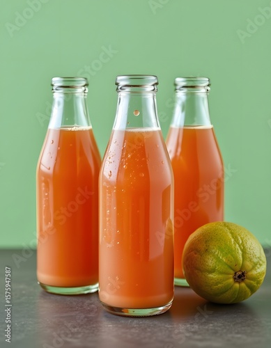 guava juice in clear glass bottles with tiny bubbles, soft greenish backdrop.