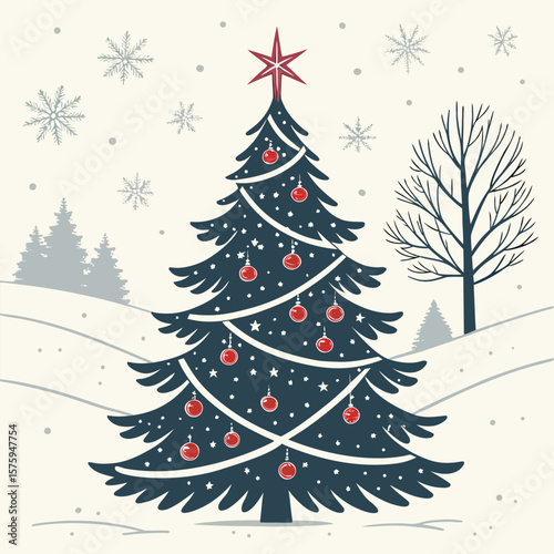 Dark Blue Christmas Tree Red Ornaments Winter Scene