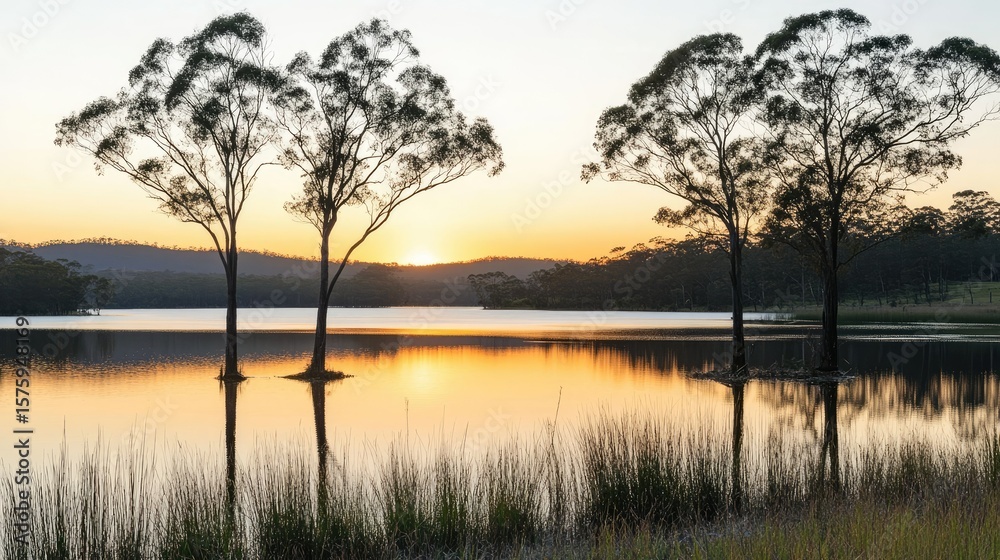Silhouetted trees at sunrise over a calm lake. Silhouetted trees at sunrise over a calm lake.