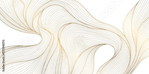 Vector abstract wave gold line background, light luxury graphic texture. Premium water, sea, river flow ornament, japanese silk elegant curve art
