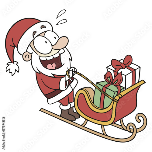 Funny Cartoon Santa Pulling Christmas Sled with Gifts