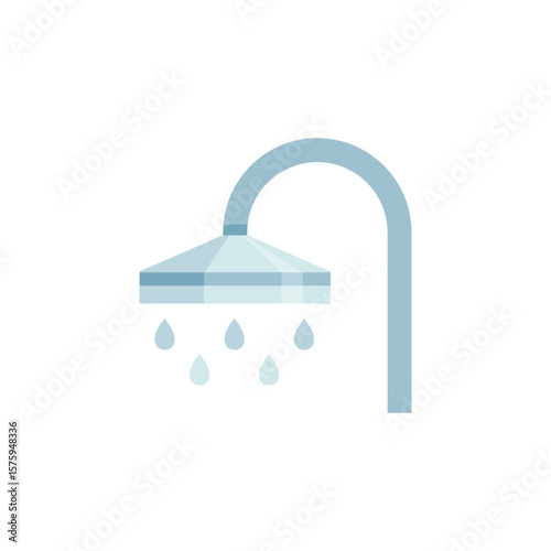 This image depicts a showerhead with water droplets falling downward, symbolizing cleanliness, hygiene, and personal care. The showerhead is designed in a minimalist, modern style with light blue tone