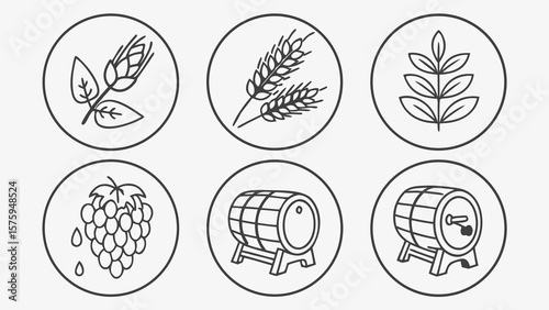 Vector Line Icon Set of Core Beer Ingredients — Hops, Barley, Yeast, and Water for Brewery Branding, Craft Beer Labels, and Brewing Process Infographics