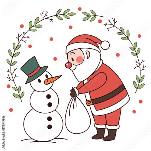 Santa Claus and Snowman Christmas Illustration Red Green White