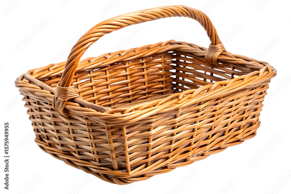 Obraz premium Rustic wicker basket with handles on transparent or clear surface PNG background