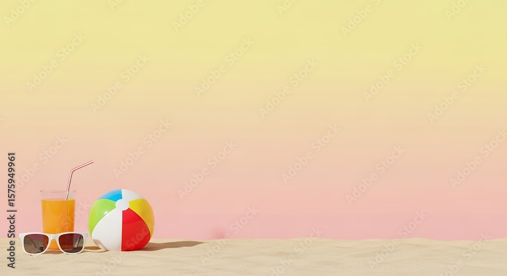 Summer Beach Scene with Cocktail, Beach Ball, and Sunglasses Summer Beach Scene with Cocktail, Beach Ball, and Sunglasses
