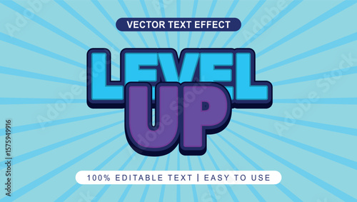 bold editable level up text effect in blue and purple color with sunburst background illustration	