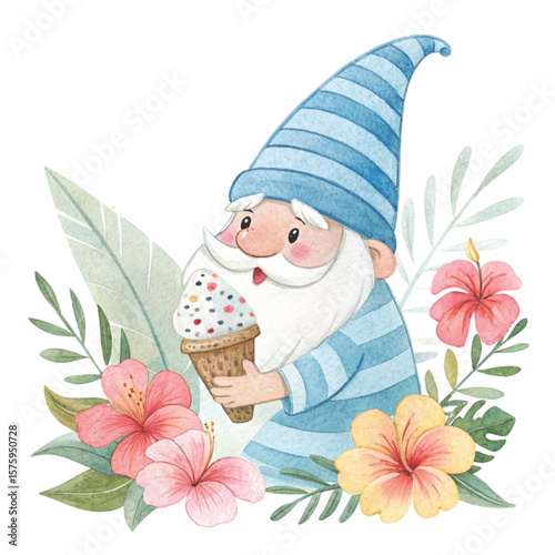 Cute Gnome with a hat, sweets, and flowers all around Clipart Watercolor 