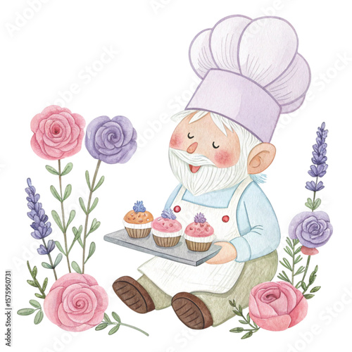 Cute Gnome with a hat, sweets, and flowers all around Clipart Watercolor 