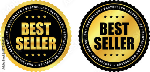 best seller badges in black and gold colors with star border for product quality and ranking	