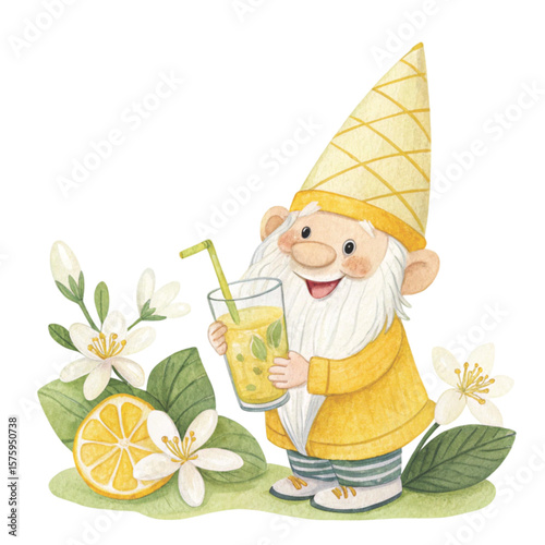 Cute Gnome with a hat, sweets, and flowers all around Clipart Watercolor 
