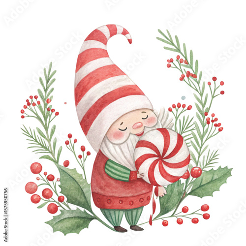 Cute Gnome with a hat, sweets, and flowers all around Clipart Watercolor 