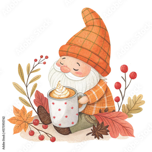 Cute Gnome with a hat, sweets, and flowers all around Clipart Watercolor 