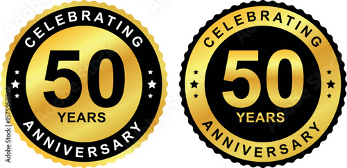 golden anniversary badges showing 50 years celebration with black and gold theme on white background	