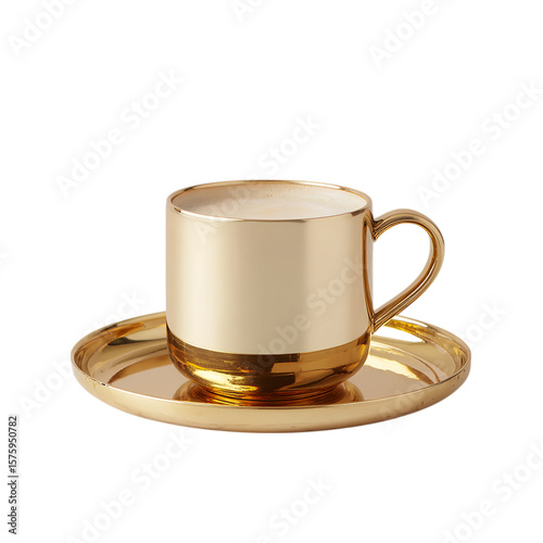 Golden coffee cup on golden plate on transparent background