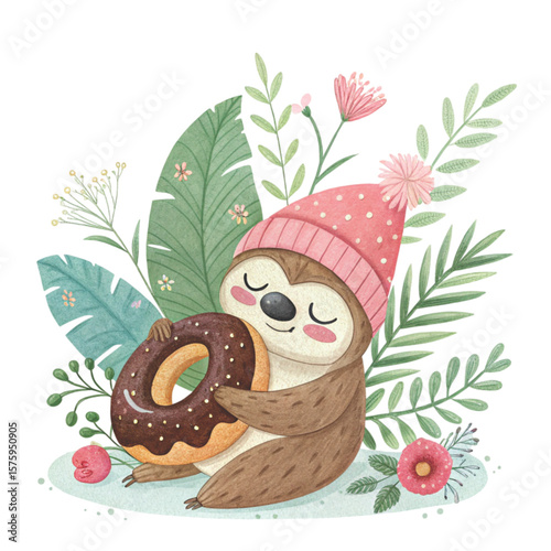 Cute Gnome with a hat, sweets, and flowers all around Clipart Watercolor 