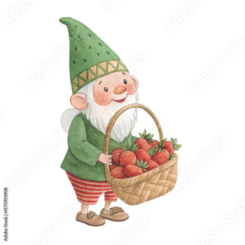 Cute Gnome with a hat, sweets, and flowers all around Clipart Watercolor 