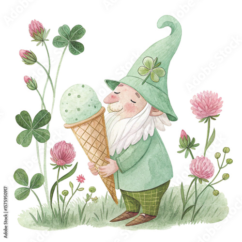 Cute Gnome with a hat, sweets, and flowers all around Clipart Watercolor 