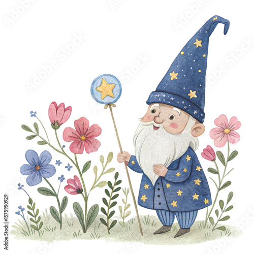 Cute Gnome with a hat, sweets, and flowers all around Clipart Watercolor 