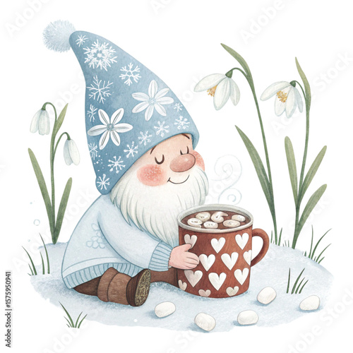 Cute Gnome with a hat, sweets, and flowers all around Clipart Watercolor 