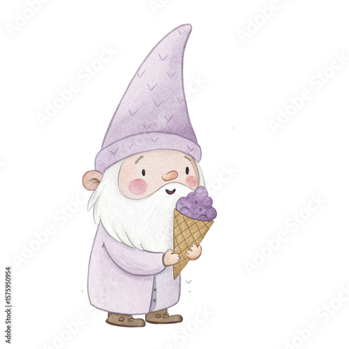 Cute Gnome with a hat, sweets, and flowers all around Clipart Watercolor 