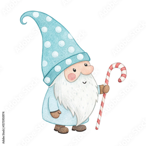 Cute Gnome with a hat, sweets, and flowers all around Clipart Watercolor 