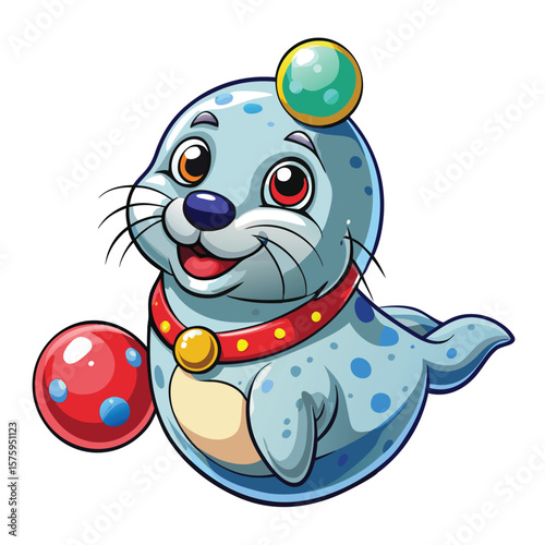 Cute cartoon seal juggling a ball