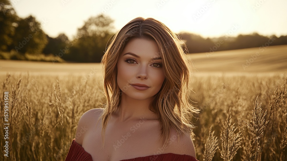 Woman with auburn hair in a golden field. Woman with auburn hair in a golden field.