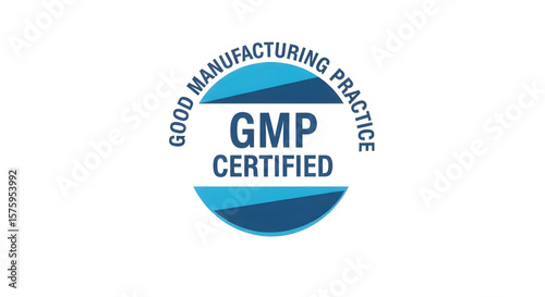 GMP Certified Label with Circular "Good Manufacturing Practice" Text | Quality Assurance and Compliance Symbol for Products, Packaging, and Marketing