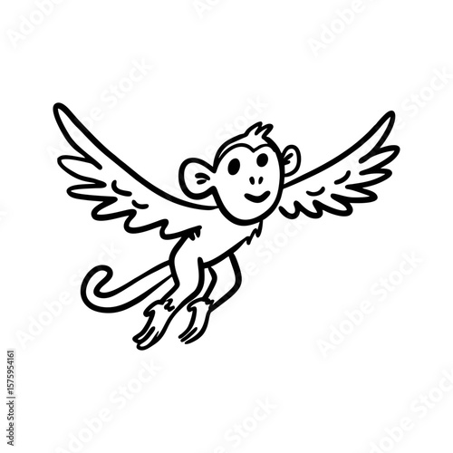 Flying monkey with wings in playful cartoon fantasy style for children's stories, mythological illustrations, or Halloween design on transparent background