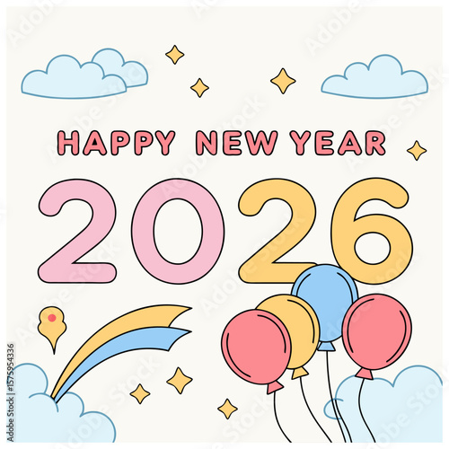 Happy New Year 2026 celebration card with colorful balloons and confetti