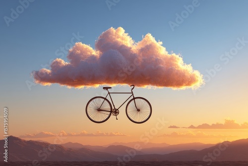Surreal Sunset Landscape with a Bicycle Suspended Under a Cloud