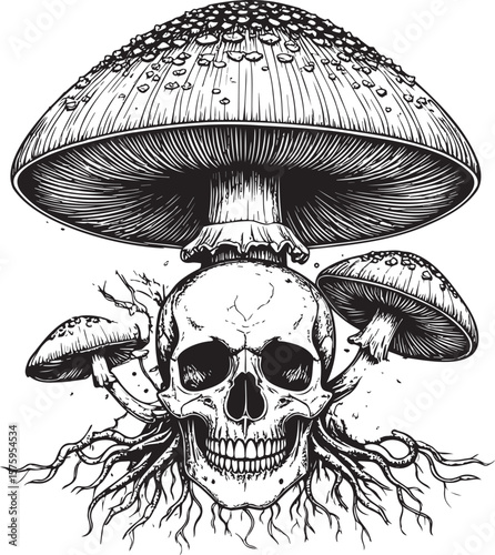 Hand-Drawn Skull with Forest Fungi