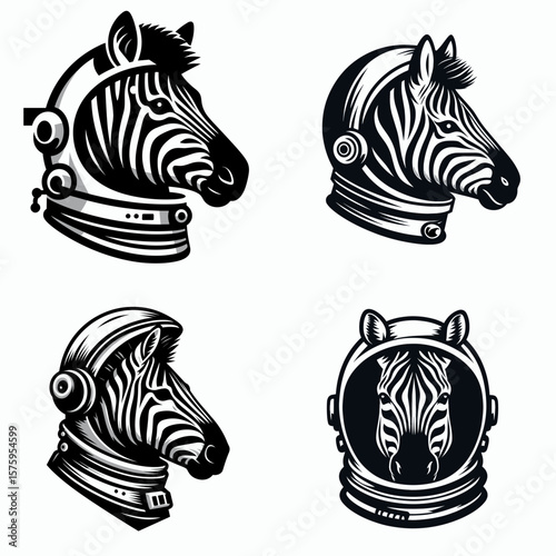 Zebra head with astronaut helmet. Galaxy Cosmos Universe Nebula Cosmic Clipart Line Art Vector Illustration. Equidae face in gear explorer headwear animal outer space protection.