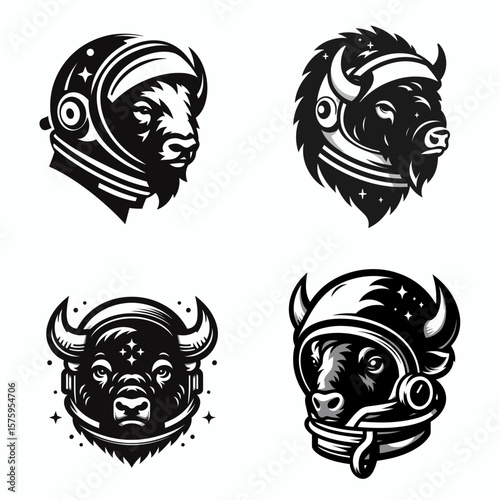 Bison head with astronaut helmet. Galaxy Cosmos Universe Nebula Cosmic Clipart Line Art Vector Illustration. Buffalo cranium in spaceman gear a wild animal concept.