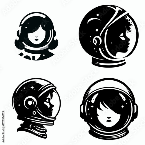 black girl head with astronaut helmet. Galaxy Cosmos Universe Nebula Cosmic Clipart Line Art Vector Illustration. African child portrait wearing space suit headgear for exploration.