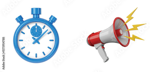 Blue stopwatch and red white megaphone with yellow lightning bolts on white background isolated objects