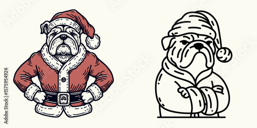 Bulldog wear santa Claus Costumes Hands on Hips. Astronaut Galaxy Cosmos Universe Nebula Cosmic Clipart Line Art Vector Illustration. Canine in yuletide attire pose with appendage placement.
