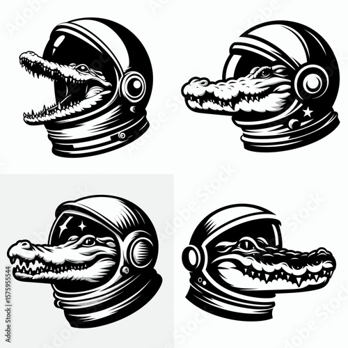 Crocodile head with astronaut helmet. Galaxy Cosmos Universe Nebula Cosmic Clipart Line Art Vector Illustration. Reptile cranium in spacesuit headgear galactic traveler concept.