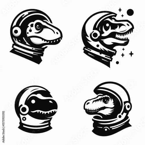 Dinosaur head with astronaut helmet. Galaxy Cosmos Universe Nebula Cosmic Clipart Line Art Vector Illustration. Reptile cranium in explorer headgear space gear.