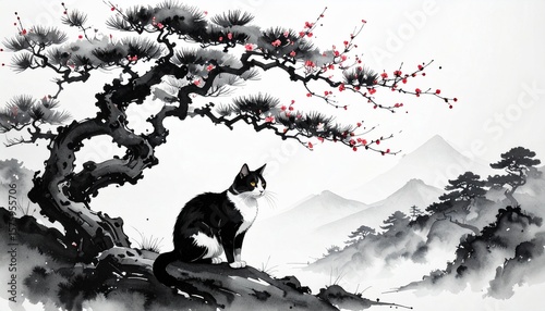Wallpaper Mural Sumi-e ink painting of a cat sitting under a pine tree with cherry blossoms and misty mountains Torontodigital.ca