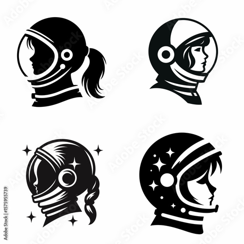 girl head with astronaut helmet. Galaxy Cosmos Universe Nebula Cosmic Clipart Line Art Vector Illustration. Female face wearing space gear a childs portrait headgear.