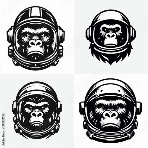 Gorilla head with astronaut helmet. Galaxy Cosmos Universe Nebula Cosmic Clipart Line Art Vector Illustration. Ape cranium in gear space traveler chimpanzee chief simian face galactic.