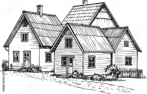 Hand-Drawn Village Houses and Homestead