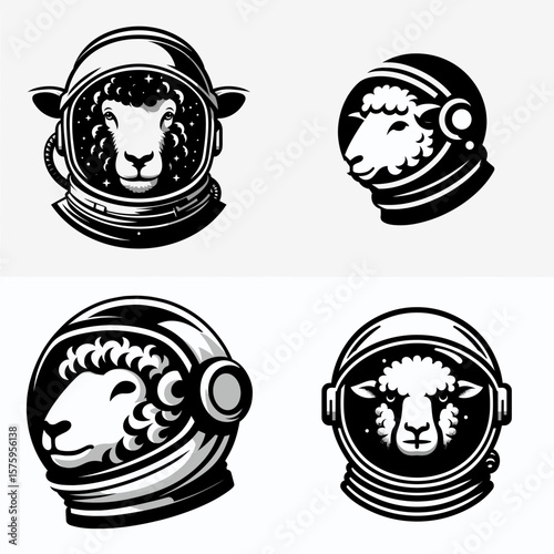 Sheep head with astronaut helmet. Galaxy Cosmos Universe Nebula Cosmic Clipart Line Art Vector Illustration. Ovine cranium wearing explorer headgear for outer space exploration.
