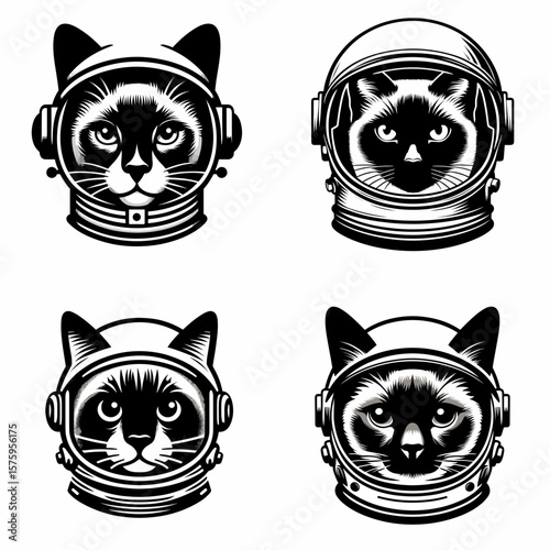 Siamese Cat head with astronaut helmet. Galaxy Cosmos Universe Nebula Cosmic Clipart Line Art Vector Illustration. Oriental feline face in spacesuit headgear outer space exploration concept.
