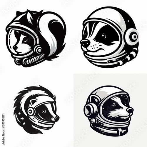 Skunk head with astronaut helmet. Galaxy Cosmos Universe Nebula Cosmic Clipart Line Art Vector Illustration. Critter face in space suit headgear fauna wearing exploration dome.