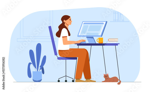 Young woman working online with a laptop at home.Working girl, student or freelancer sits at a desk with computer and cat. Vector illustration.