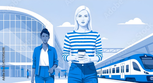 Modern Train Station with Commuting Businesswomen Illustration | Urban Transportation for Commuters, Travel Advertising and Corporate Marketing